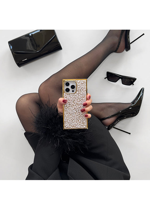 Elite Collection - SQUARE® Gold Metallic Embellished Faux Pearl iPhone Case (Not MagSafe Compatible)